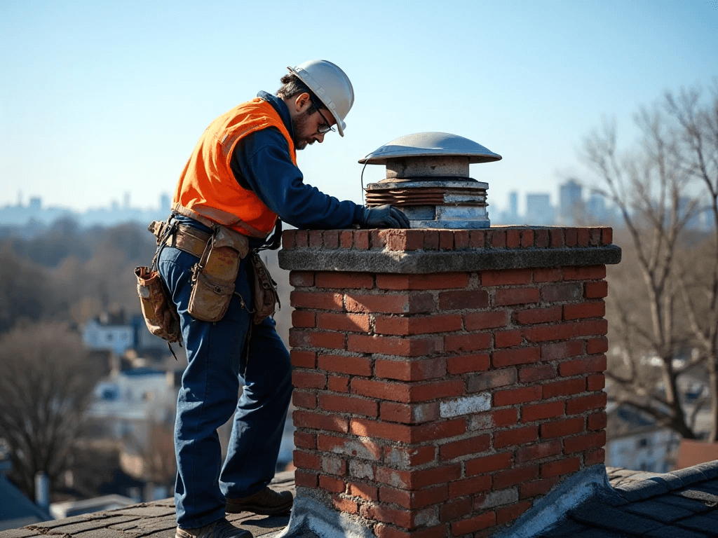 Professional chimney technician doing Chimney Crown repair on a residential rooftop in Queens, NY
