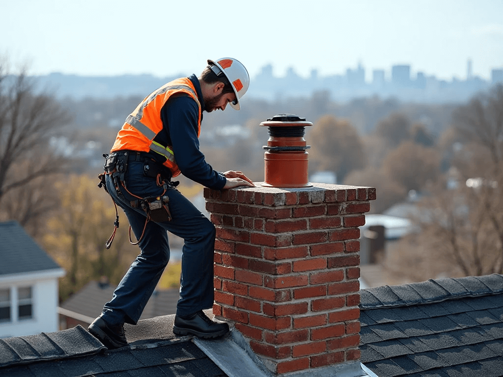 Professional chimney technician doing Chimney inspection on a residential rooftop in Queens, NY