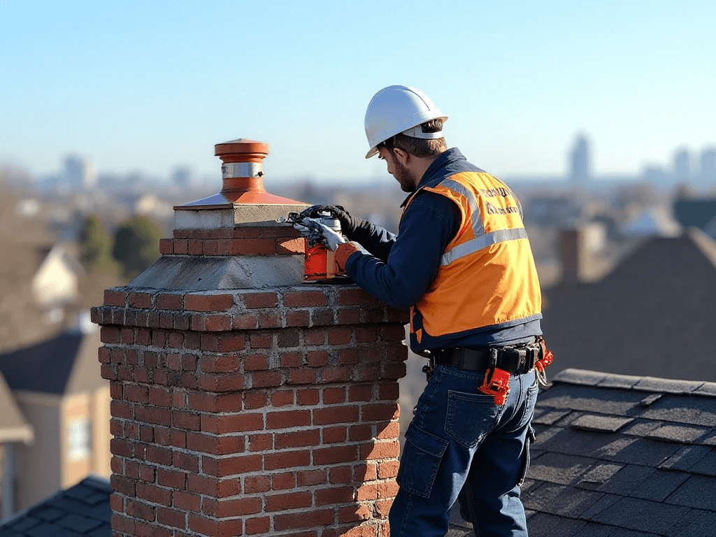 Professional chimney technician doing Chimney Cleaning on a residential rooftop in Queens, NY