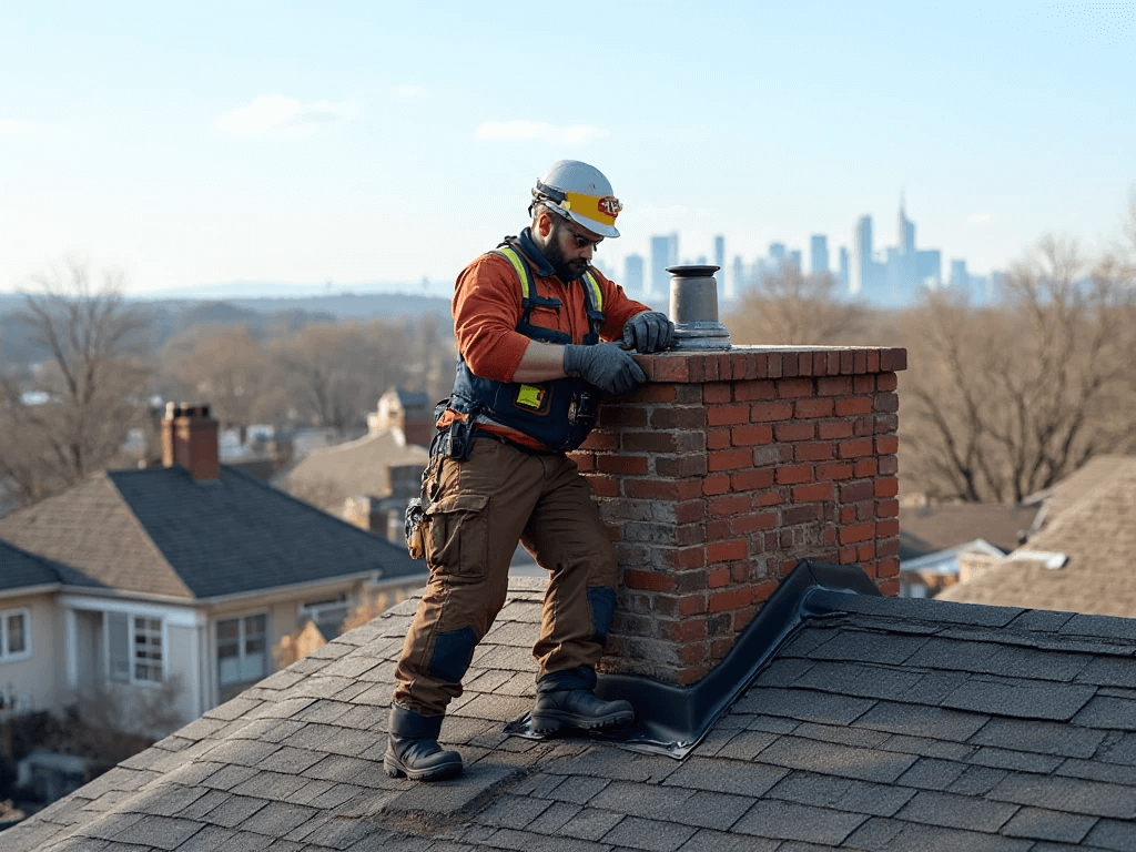 Professional chimney technician inspecting Chimney Liner on a residential rooftop in Queens, NY