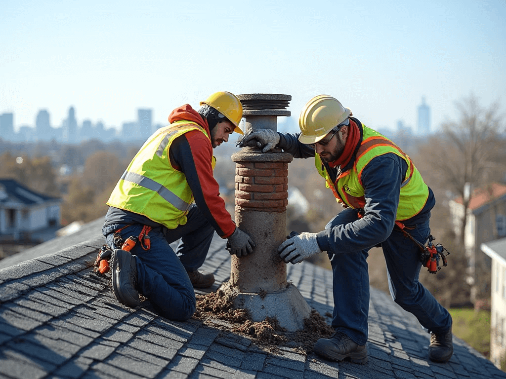 Professional chimney technician doing Chimney Flue repair on a residential rooftop in Queens, NY