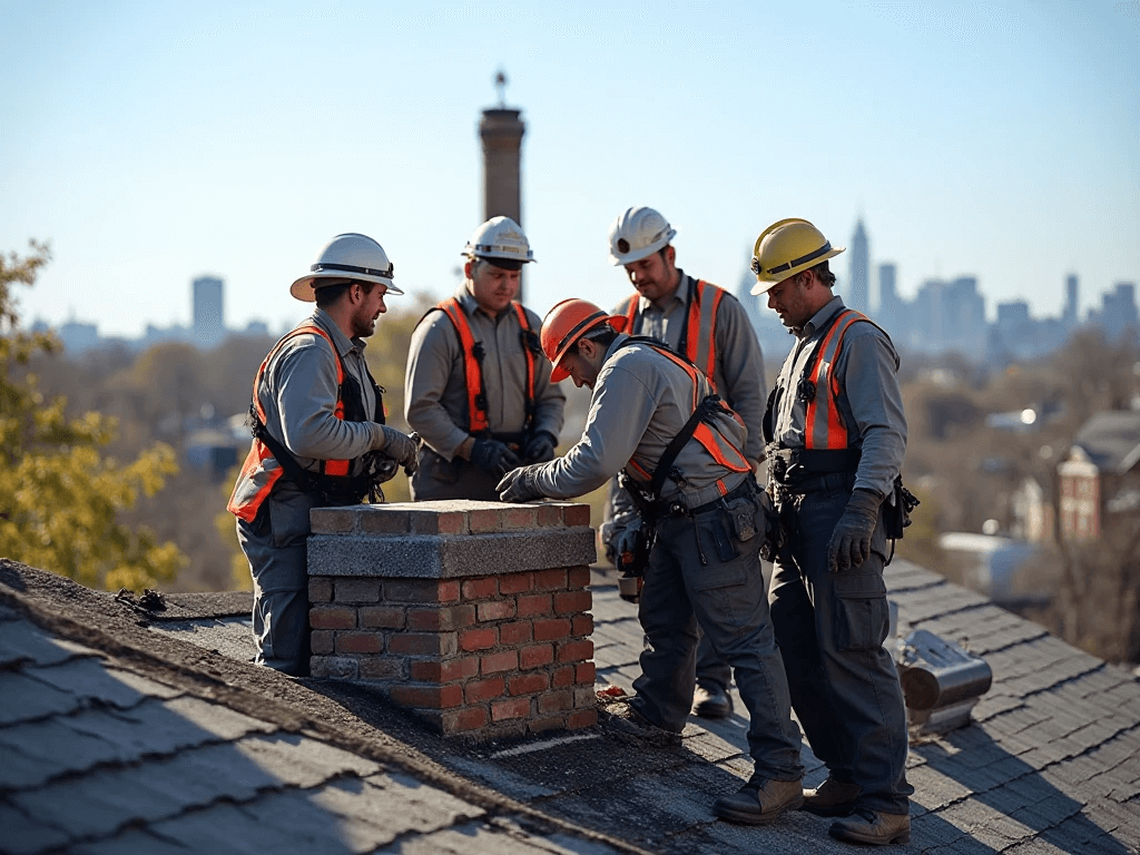 Professional chimney technicians doing chimney inspection on a residential rooftop in Queens, NY
