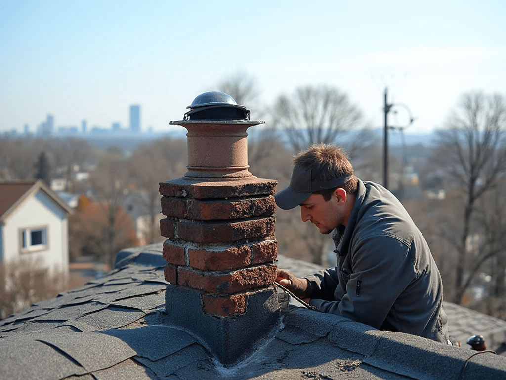 Professional chimney technician doing Chimney Leak repair on a residential rooftop in Queens, NY