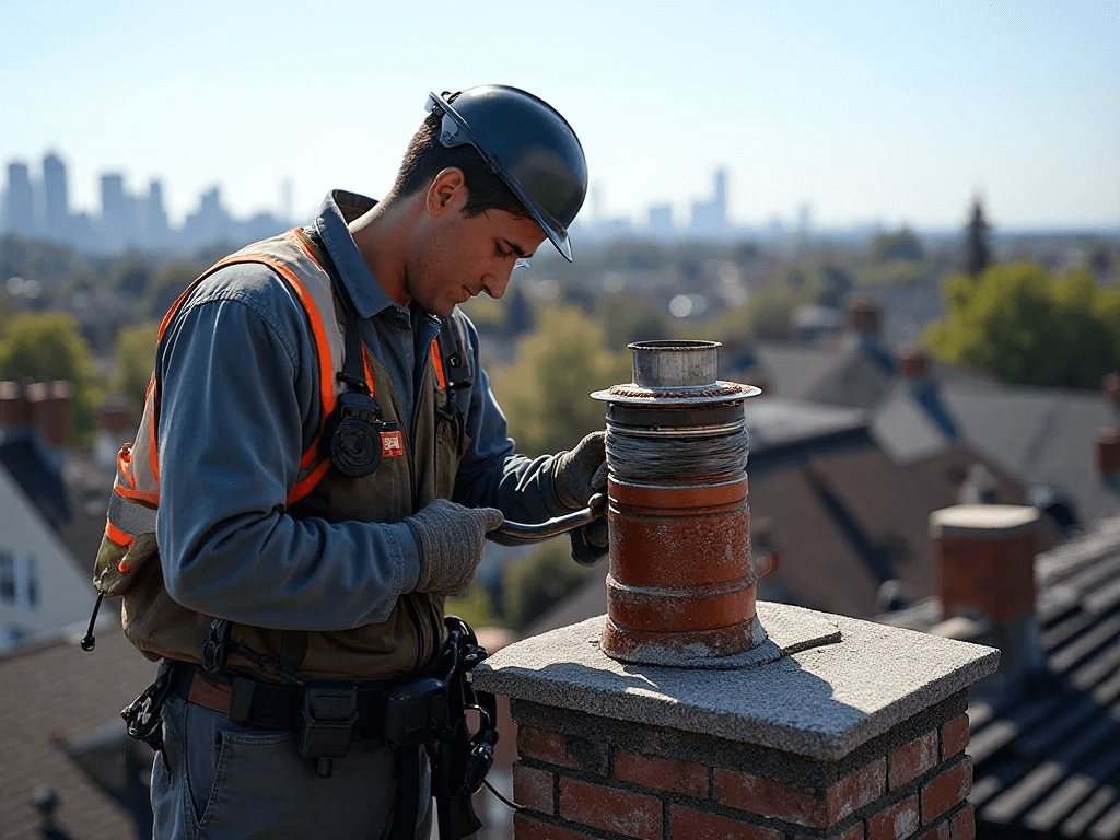 Professional chimney technician doing Chimney Damper repair on a residential rooftop in Queens, NY