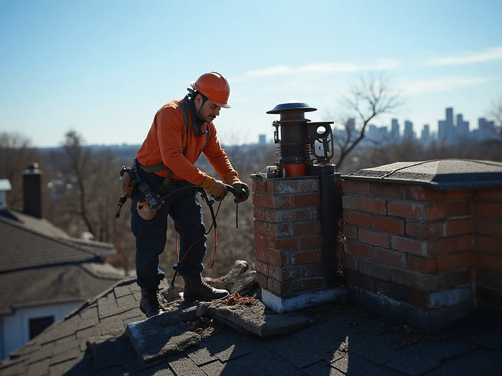 Professional chimney technician doing Chimney Flashing repair on a residential rooftop in Queens, NY